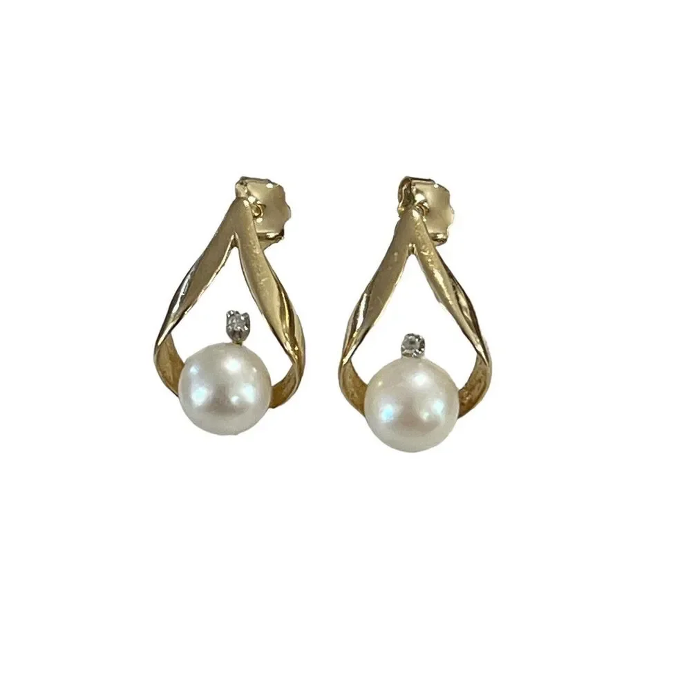 Vintage Signed UL 14K Gold Pearl Diamond Drop Pierced Earrings - Picture 6 of 10